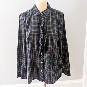 LL Bean Women's Ruffle Front Button Plaid Shirt